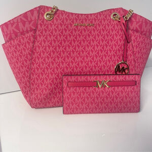 Michael Kors Chain Tote and Wallet Set MK Signature Logo Electric Pink
